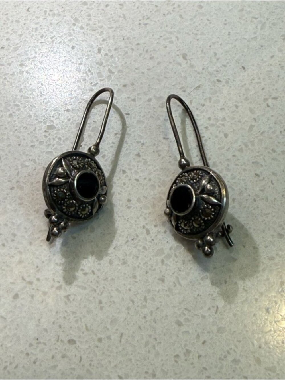 925 Sterling Silver Black Rhinestone & Marcasite Drop Earrings Vintage - Picture 3 of 10